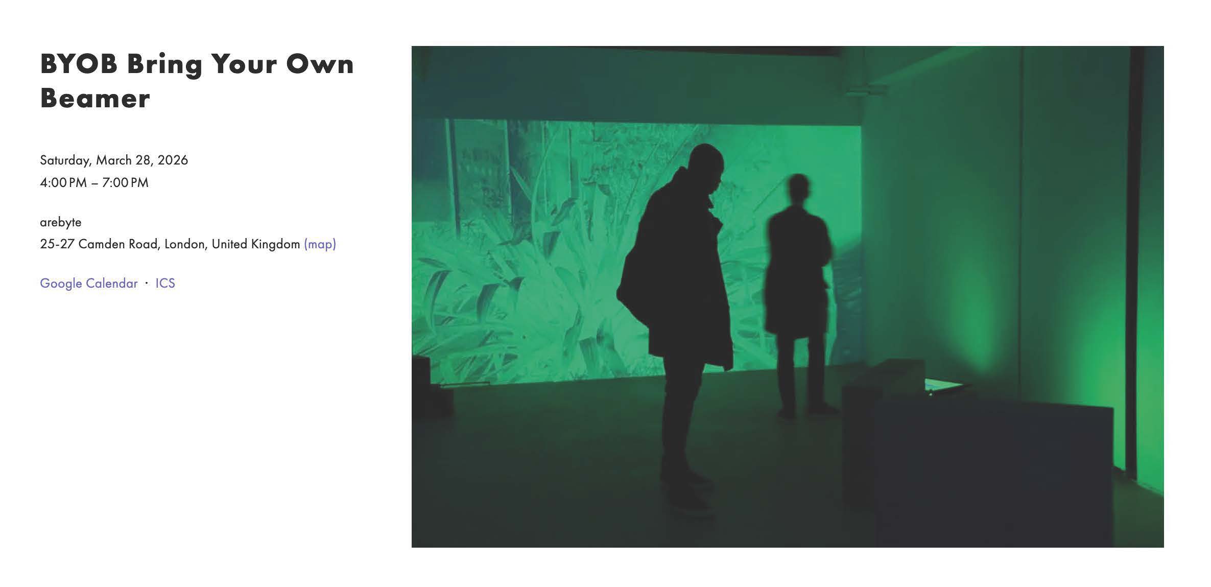 arebyte BYOB event banner 2026, arebyte Digital Art Center Camden, London